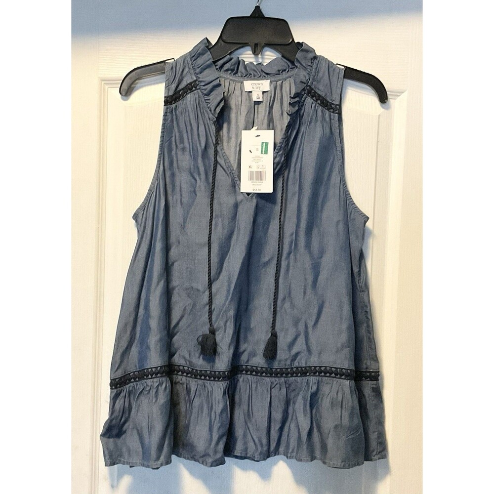 Crown & Ivy Women's Sleeveless Crochet Peasant Top Size S, Blue  NWT